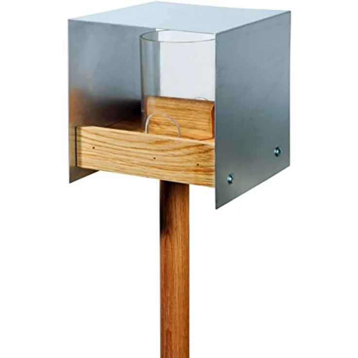 Hochwertiges Design-Vogelhaus ''Industrie-Bauhaus'' mit Futtersilo, Wildvogel-Futterstation inkl. Ständer, 15 x 16 x 16 cm, Eiche – Bild 2