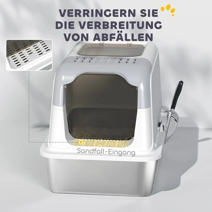 PawHut Edelstahl Katzentoilette mit Deckel, Doppelgänge-System, Deodorierungsbeutel, für Katzen bis 7 kg, 60,4 x 40,4 x 41,8 cm, Weiß – Bild 5