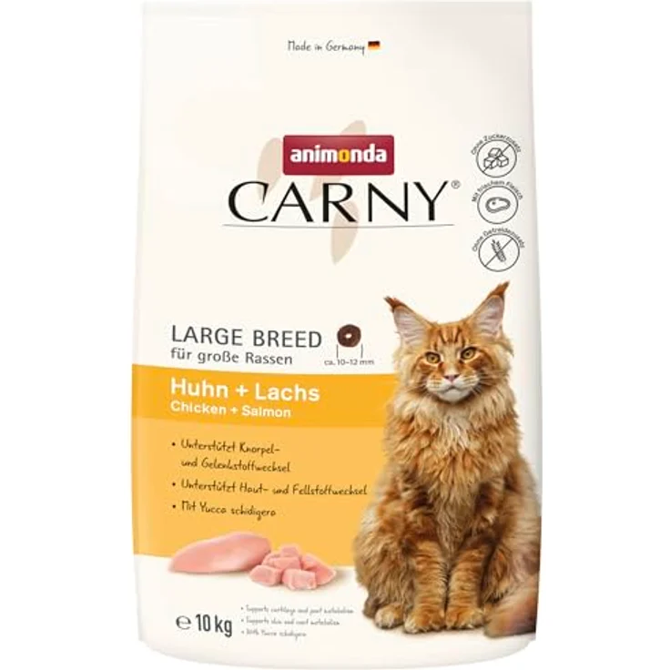 animonda Carny Katzen Trockenfutter Huhn + Lachs, 10kg für große Katzenrassen, ohne Zucker und Getreide, große Kroketten mit 34% tierischen Proteinen und Omega-3-Fettsäuren – Bild 1