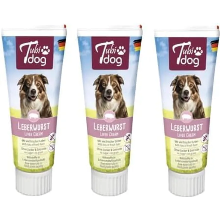 Tubi Dog Delikatess Leberwurst, 3er Pack, 3 x 75 g, glutenfreies Hundeleckerli ohne Geschmacksverstärker oder Konservierungsstoffe, in praktischer Soft-Touch-Tube