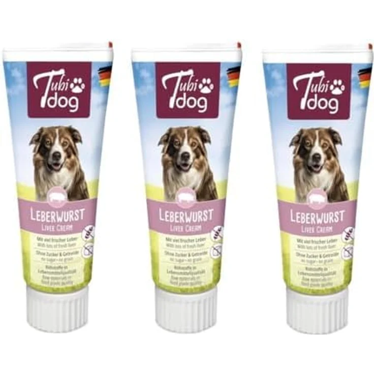 Tubi Dog Delikatess Leberwurst, 3er Pack, 3 x 75 g, glutenfreies Hundeleckerli ohne Geschmacksverstärker oder Konservierungsstoffe, in praktischer Soft-Touch-Tube – Bild 1