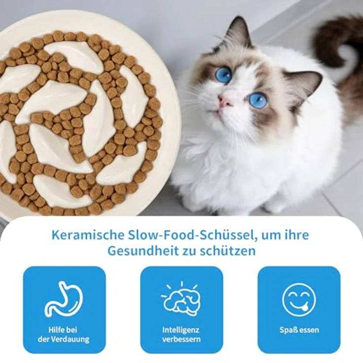 unbholkk Anti Schling Napf Katze Erhöht, Keramik Antischlingnapf mit rutschfestem Bambusgestell für langsames Fressen von Nass- und Trockenfutter für Katzen und kleine Hunde – Bild 5