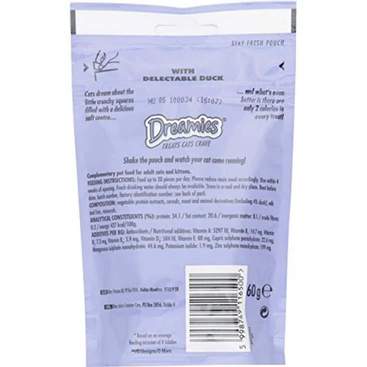 Dreamies Katzensnack Klassik - Sparpaket Ente, 6 x 60 g, knusprige Hülle mit cremig-weichem Kern, ohne künstliche Aromastoffe – Bild 5
