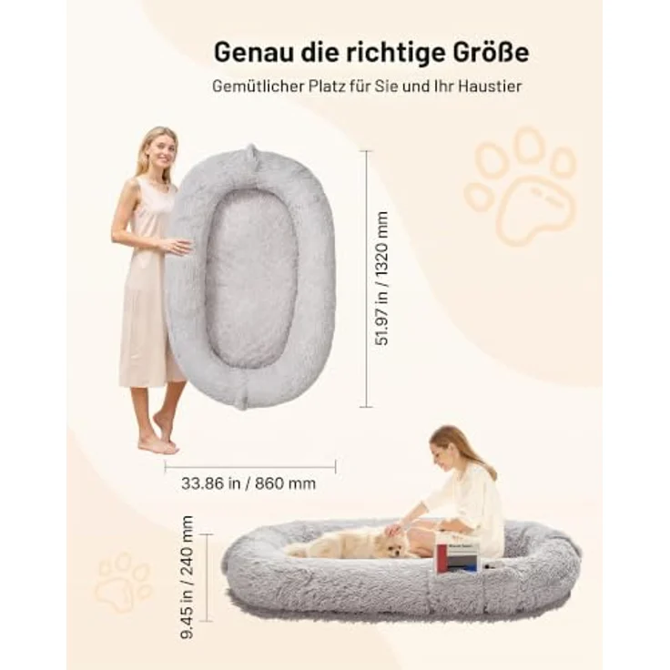 VEVOR Hundebett für Menschen & Hunde, 132x86x24 cm, Memory-Schaum mit abnehmbarem, waschbarem Bezug, grau, mit Seitentasche und rutschfester Unterseite – Bild 2