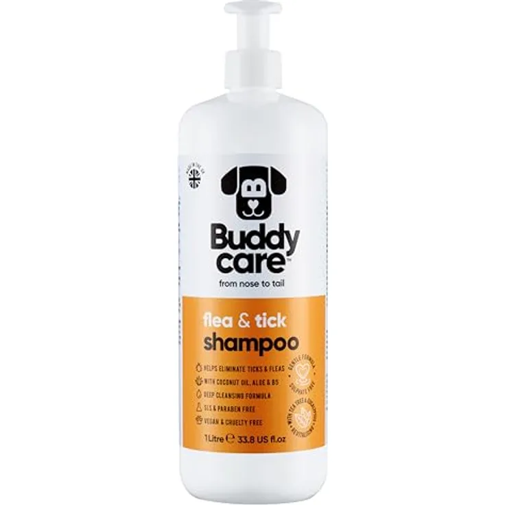 Buddycare Floh- & Zeckenhundeshampoo, natürliche Tiefenreinigung mit Teebaumöl & Eukalyptus, 1L, vegan & tierversuchsfrei