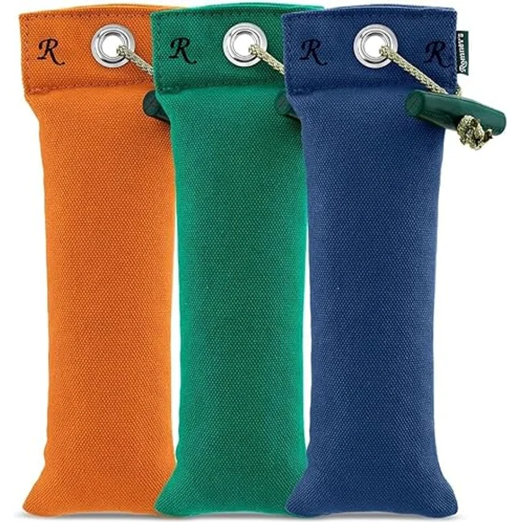Romneys Junior Dummy 250 g, Schwimmfähiger Apportier-Dummy für Hunde, Robust mit Wurfgriff, Orange + Grün + Blau – Bild 1