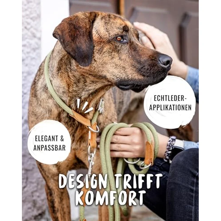 Rudelkönig Hundehalsband Emma, Elegantes Zugstopp Halsband aus Leder und Nylon, ø 12mm, Bequemes Erziehungshalsband für sehr große Hunde, Khaki – Bild 5
