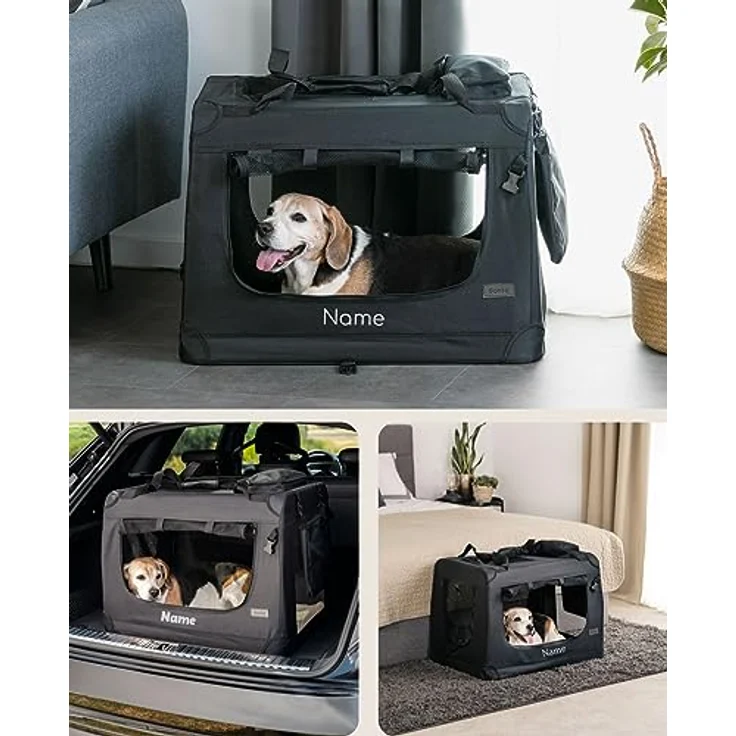 lionto Hundetransportbox faltbar, 70x52x50 cm, stabile Transportbox mit Griffen, Decke und Namensaufdruck für Hunde & Katzen bis 15 kg, schwarz – Bild 2