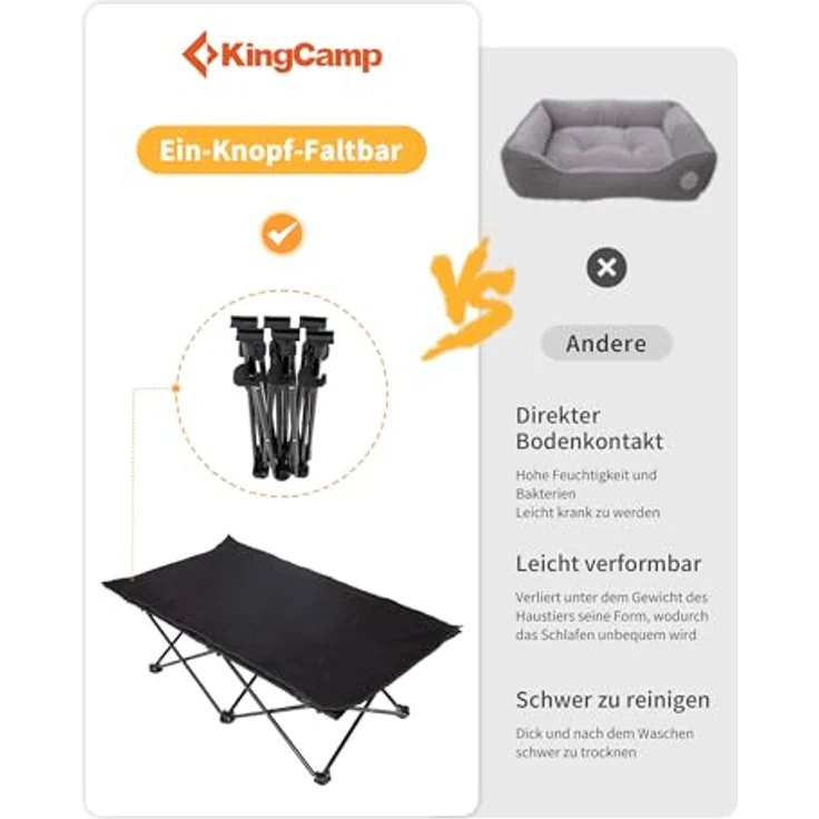 KingCamp Erhöhtes Hundebett, 2-in-1 Hundeliege mit atmungsaktivem Mesh und Wildledermatte, rutschfesten Füßen, schwarz, 121 × 68 × 30 cm – Bild 4