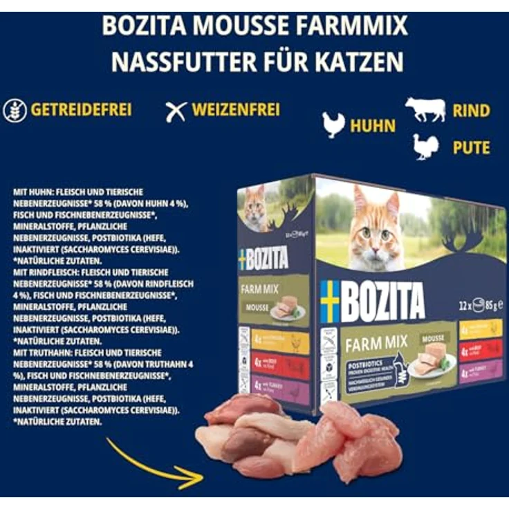 Bozita Mousse Mixed Farm, Katzen-Nassfutter mit Huhn, Rind und Pute, getreidefrei, 12x85g – Bild 3