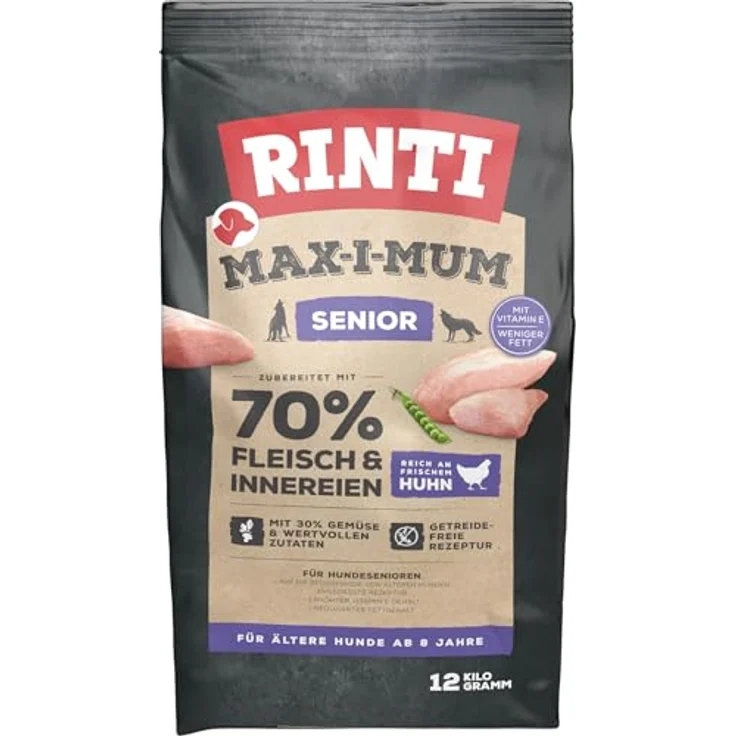 Rinti RINTI MAX-I-MUM Senior Huhn, 12kg Trockenfutter für ältere Hunde mit 65% frischem Fleisch, getreidefrei