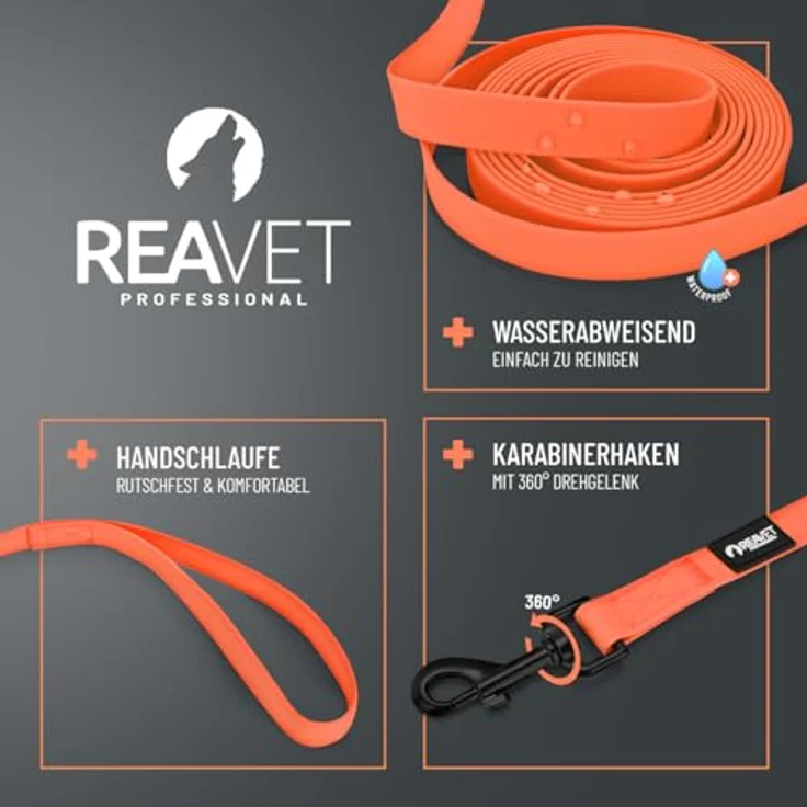 ReaVET Schleppleine für Hunde, 15 Meter, Neon Orange I Robuste & wasserfeste Trainingsleine mit Griff für große & kleine Hunde – Bild 2