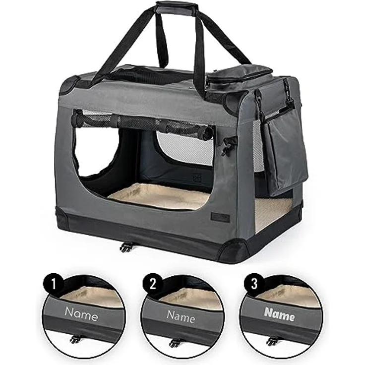 lionto Hundetransportbox Faltbar, 60x42x44 cm, grau, aus robustem Oxford-Gewebe mit Mesh-Netzen und personalisierbarem Namen – Bild 1