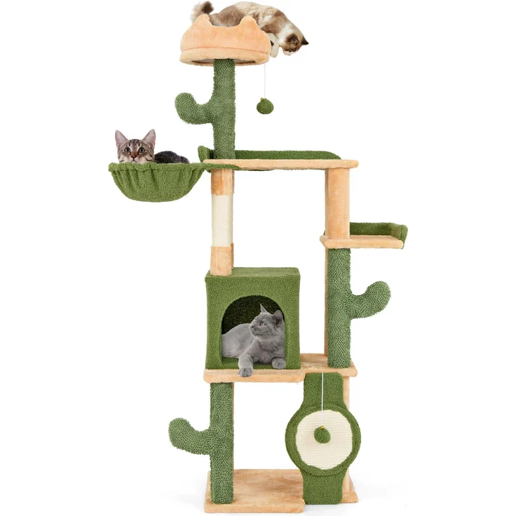 GOPLUS 160cm Katzenbaum, 5-stöckiger Kratzbaum mit Hängematte, Katzenhaus, Sisal-Kratzflächen, Grün + Orange