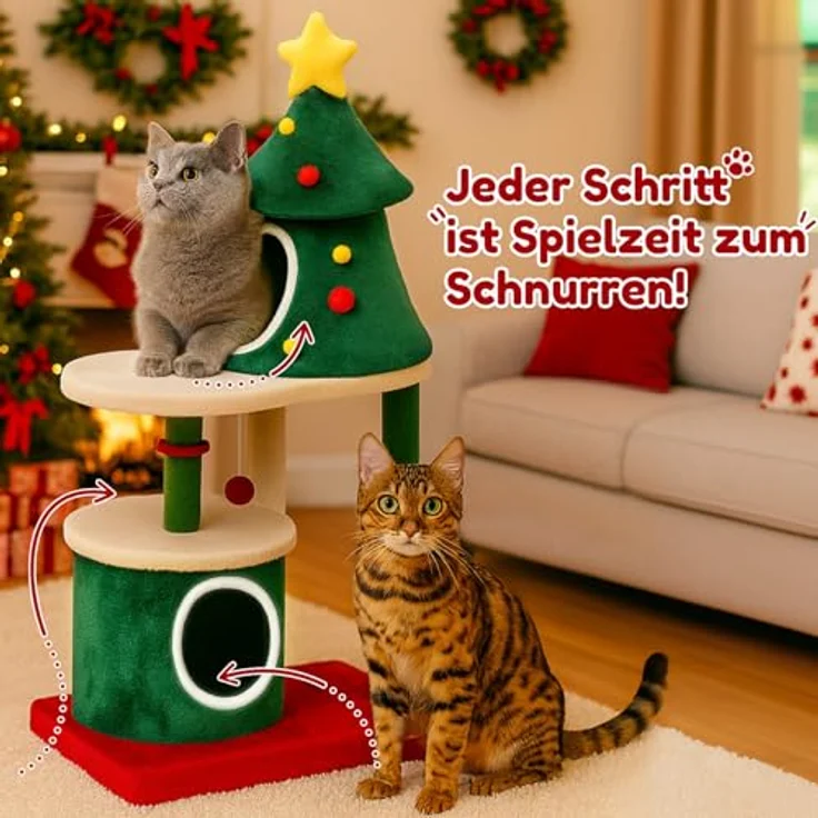 COMHOMA Kratzbaum Weihnachtsbaum-Design 123cm, stabiler Katzenturm mit Sisal-Kratzsäulen, mehrstöckiges Katzenhaus mit Plattformen und Spielball – Bild 5