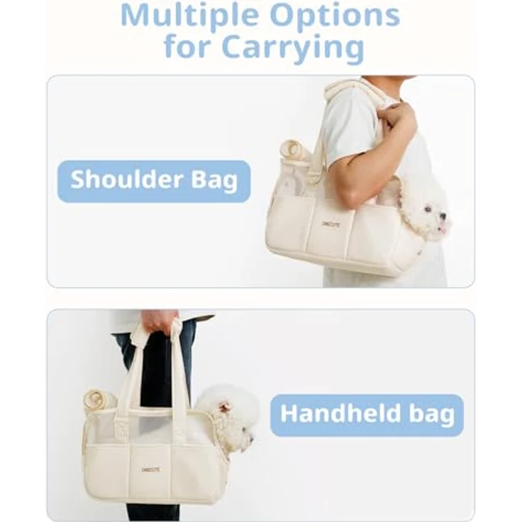 ONECUTE Klappbare Hundetasche für Kleine Hunde, Katzen & Kaninchen – Tragetasche mit Sicherheitsverschluss, Belüftungsmesh & 5 Seitentaschen, Beige durchlässig, 34x16x25 cm – Bild 5