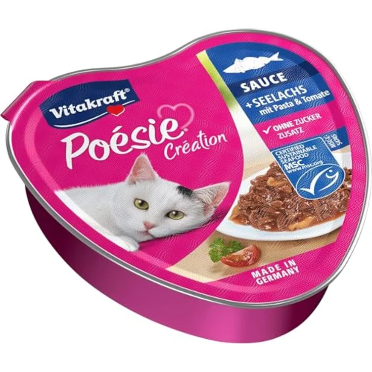 Vitakraft Poésie Création Nassfutter für Katzen, mit Seelachs, Pasta und Tomate, ohne Zucker und Getreide, 85g