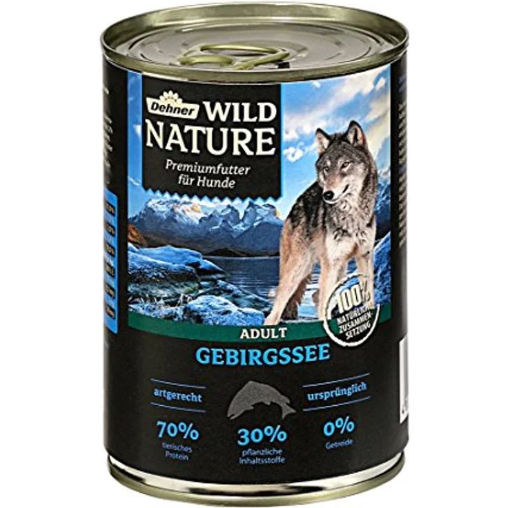 Dehner Wild Nature Hundefutter Gebirgssee, getreidefreies Nassfutter für ausgewachsene Hunde mit Lachs und Huhn, 6 x 400 g Dose (2.4 kg), 70% tierisches Protein, ohne Zucker und Soja – Bild 4
