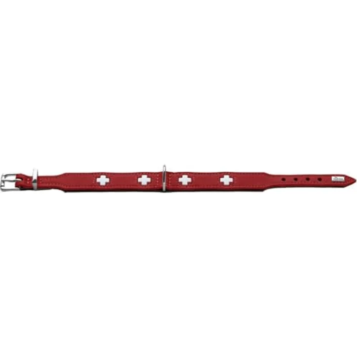 HUNTER Hundehalsband SWISS, rot/schwarz, aus weichem Rindnappaleder, handvernähte Schweizer Kreuze, Größe S-M (42), Made in Germany – Bild 2