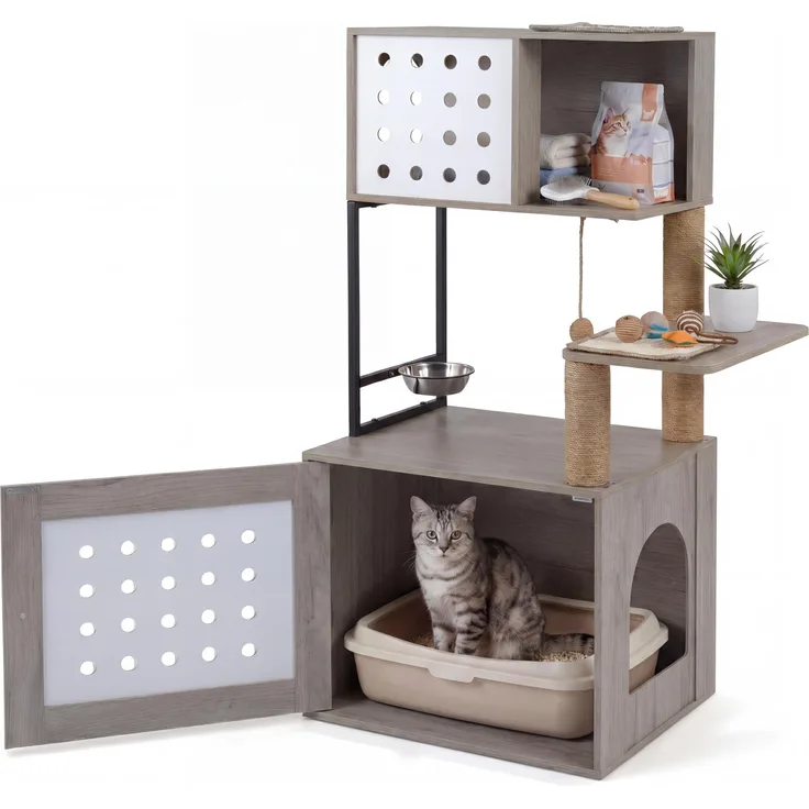 KOMFOTTEU Kratzbaum mit Katzenklo-Schrank, stabiler Kletterbaum mit 3 Sisal-Kratzpfosten, Futterplattform und 2 Kratzbrettern, grau/natur