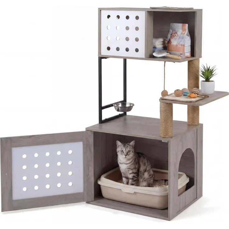 KOMFOTTEU Kratzbaum mit Katzenklo-Schrank, stabiler Kletterbaum mit 3 Sisal-Kratzpfosten, Futterplattform und 2 Kratzbrettern, grau/natur