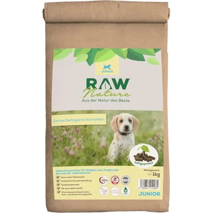 RAW Nature Trockenfutter JUNIOR mit Huhn 1kg, kaltgepresstes, getreidefreies Hundefutter, 100% Muskelfleisch, hoher Fleischanteil, ohne künstliche Zusätze, für alle Rassen und sensible Hunde geeignet – Bild 1