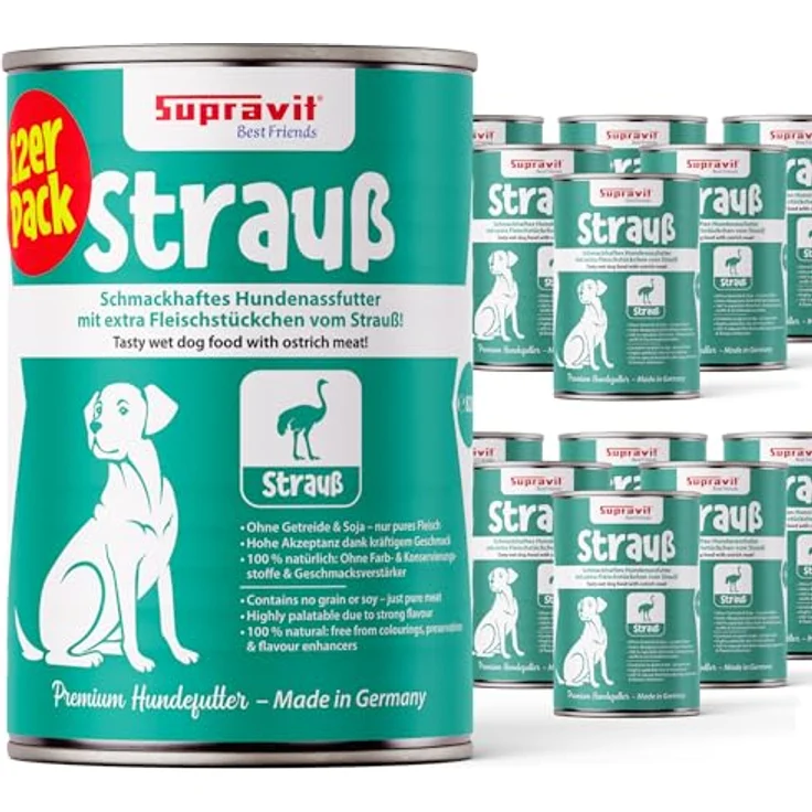 Supravit Nassfutter für Hunde, 12 x 410g Dosen mit Strauß, getreidefreies Hundefutter für ernährungssensible Hunde – Bild 1