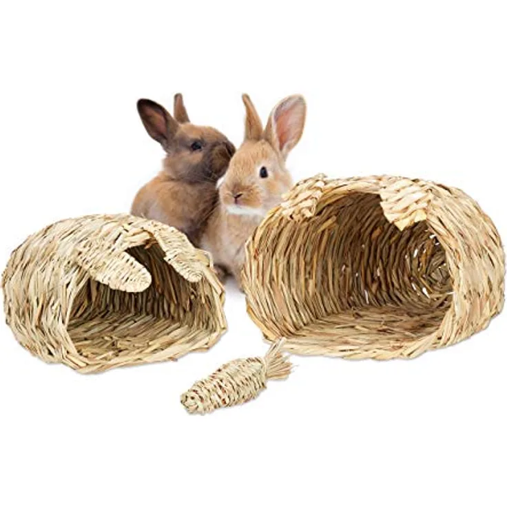 Relaxdays Kaninchenhaus 3-teiliges Set, Naturmaterialien, Grashäuser für Nager in 2 Größen, Spielzeug Möhre