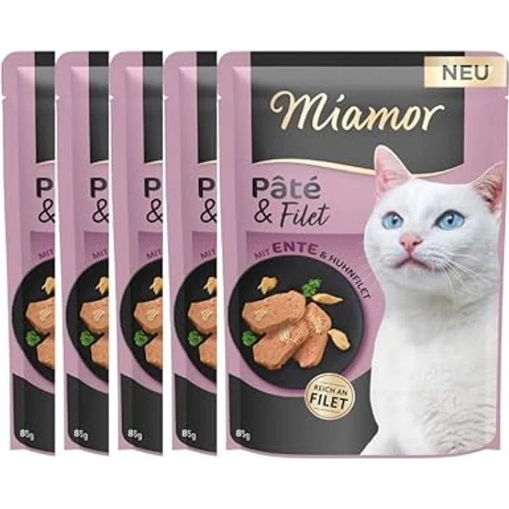 Miamor Katzenfutter Nassfutter Pâté & Filet, mit Ente & Huhnfilet, getreide- und zuckerfrei, ohne Farb- und Konservierungsstoffe, im Frischebeutel, 5 x 85g – Bild 1