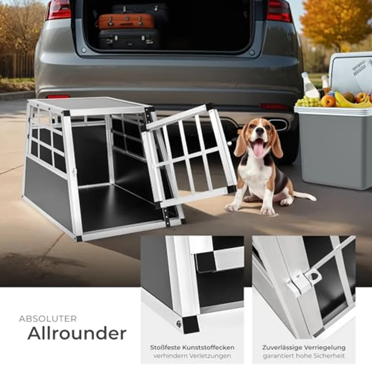 tectake® Hundebox Auto, Aluminium Hundetransportbox für kleine Hunde, leicht und stabil, trapezförmige Bauweise, 54 x 69 x 50 cm (Single klein) – Bild 4