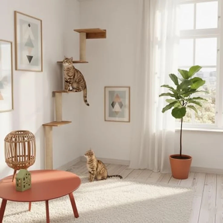 eyepower Kratzbaum zur Wandmontage Milo, 179 cm Katzenkratzbaum mit 5 Bambus Plateau, Sisalstamm, platzsparende Kletterwand für Katzen – Bild 4