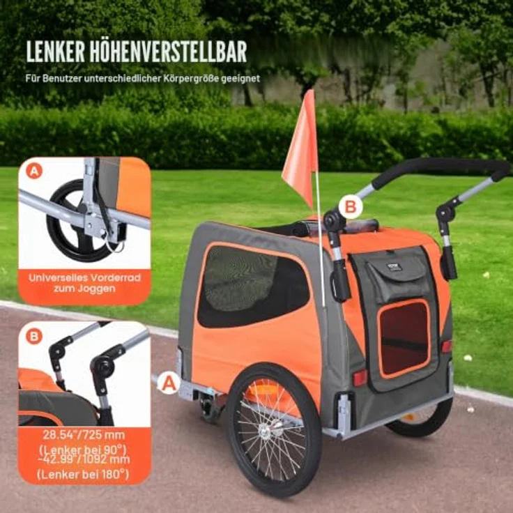 VEVOR Hundeanhänger 30 kg 2in1 Fahrradanhänger aus Kohlenstoffstahl + 600D Oxford-Gewebe, faltbar, für Hunde und Kinder als Jogger, 1440 x 720 x 779 mm – Bild 3