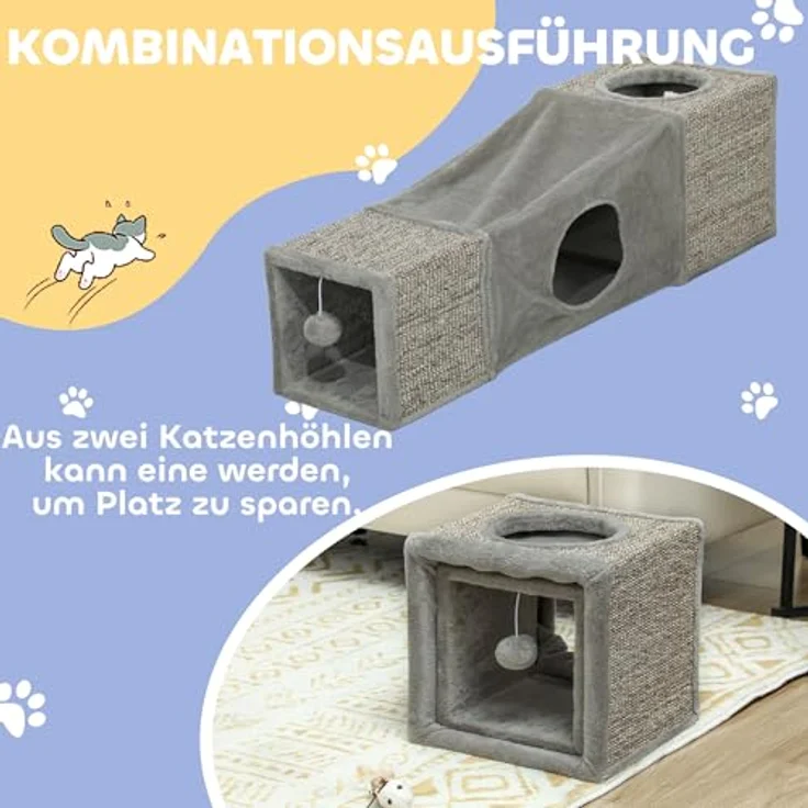 PawHut Katzentunnel Faltbar, Rascheltunnel mit hängendem Ball, Katzenspielzeug und Katzenhöhle, 98 x 30 cm, Braun+Grau – Bild 3