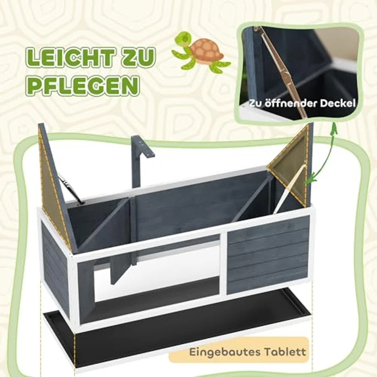 PawHut Schildkrötenhaus aus Holz, Schildkrötengehege mit zwei Haupthäusern, aufklappbarem Oberseite, Lichtständer und transparenter Frontplatte, 120 x 50 x 40 cm, Grau – Bild 5