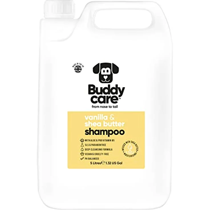 Buddycare Vanille- & Sheabutter-Hundeshampoo, feuchtigkeitsspendend mit Aloe Vera und Pro-Vitamin B5, 5L – Bild 1