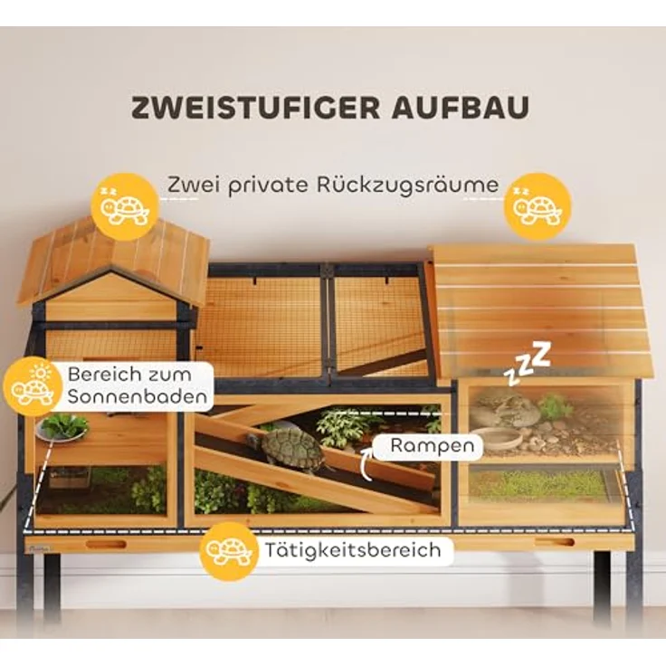 PawHut Schildkrötenhaus aus Holz, erhöhtes Schildkrötengehege mit 2 Etagen, Sichtfenstern und aufklappbarem Deckel, 128x63x96cm, gelb – Bild 3
