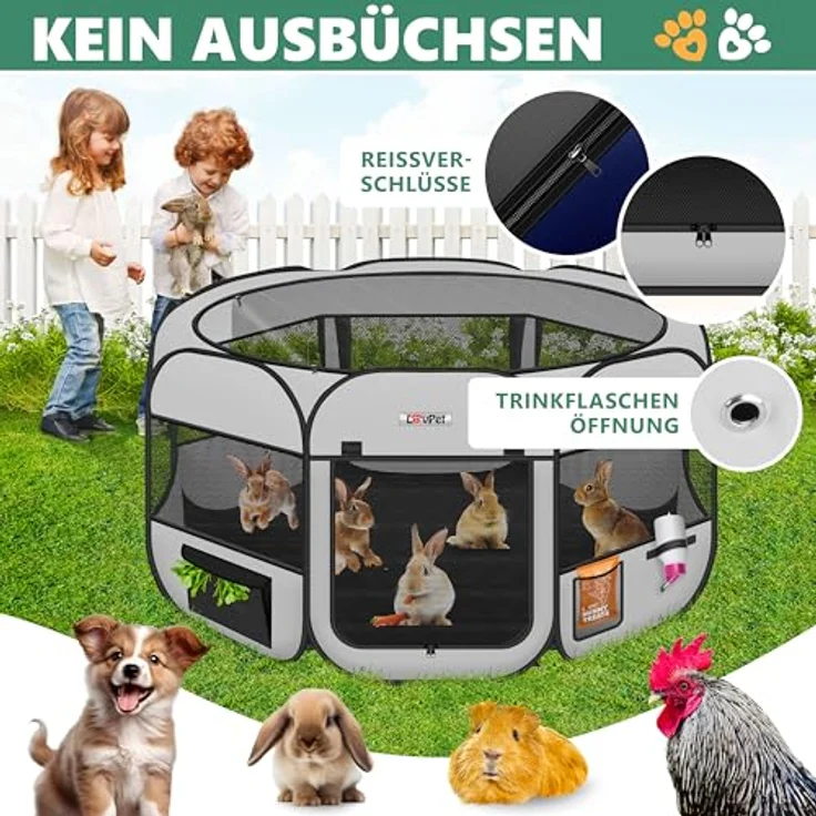 LOVPET® Welpenlaufstall, faltbar für Hunde und Katzen, 125 cm Durchmesser, inkl. Hundenapf und Fleece Decke, Oxfordgewebe, Pop-up System, hellgrau/schwarz, für Indoor & Outdoor – Bild 5