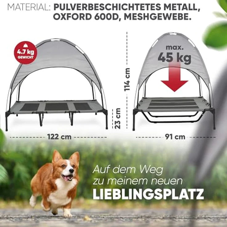 Deuline Hundeliege XL, erhöhtes Hundebett mit abnehmbarem Dach für Garten und Outdoor, 122x91x23/114cm, grau – Bild 2