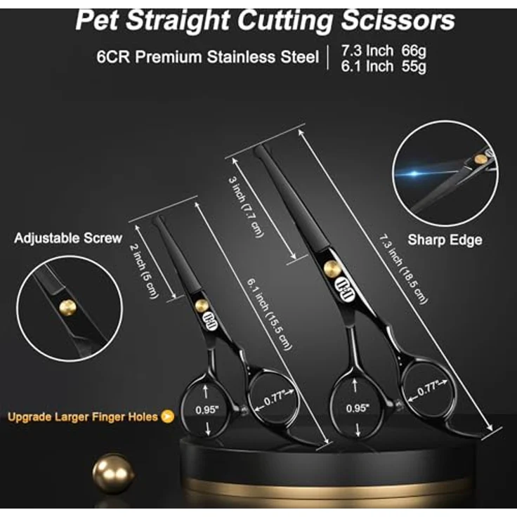 CIICII 7 Zoll Profi Hundescheren Set, mit Runde Sicherheitsspitze, gebogener & gerader Haarschere für Fellpflege von Hund und Katze, schwarz – Bild 2