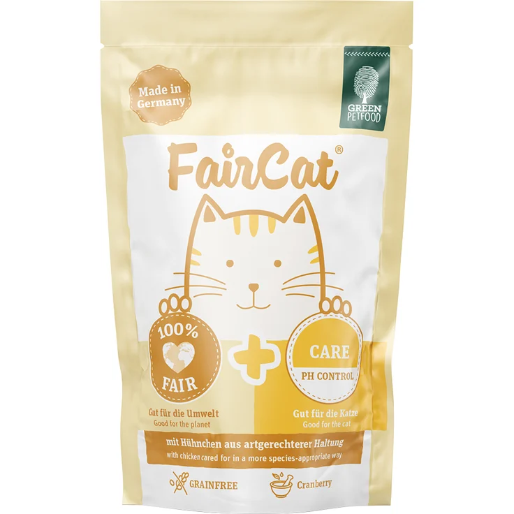 Green Petfood FairCat Nassfutterbeutel - Care (8 x 85 g), mit Hühnchen und Cranberry, ohne Getreide, leicht verdaulich