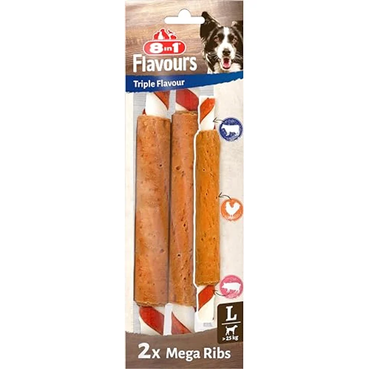 8in1 Triple Flavour Mega Ribs, Kau-Snack für größere Hunde, 140g, reich an Protein, fördert gesunde Zähne und Zahnfleisch – Bild 1