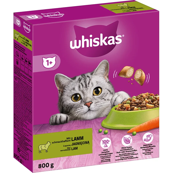 Whiskas 1+ Lamm, Trockenfutter für ausgewachsene Katzen, Sparpaket 2 x 800 g mit knackigen Kroketten und Vitaminen unterstützend für Zahnpflege und Sehkraft – Bild 1
