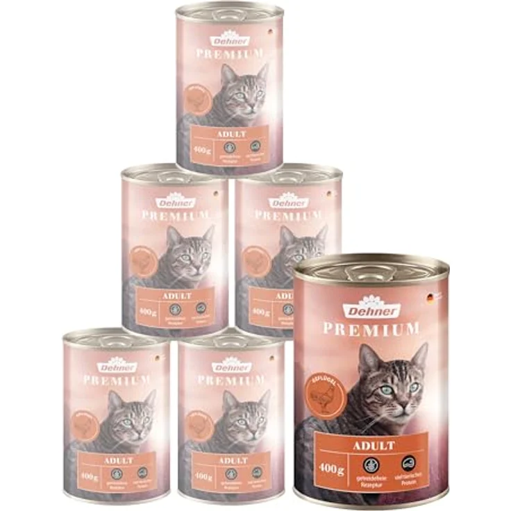 Dehner Premium Katzenfutter, Nassfutter gereidefrei, für ausgewachsene Katzen, Geflügel, 6 x 400 g Dose (2.4 kg) – Bild 1