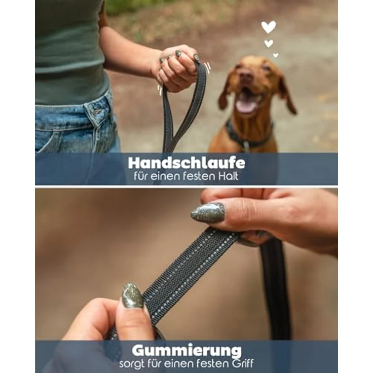 lionto Führleine für Hunde, 120 cm, gummierte Leine mit Handschlaufe, 360° Metallkarabiner, Sicherheitsverschluss, reflektierend, wetterfestes Nylon, schwarz – Bild 4