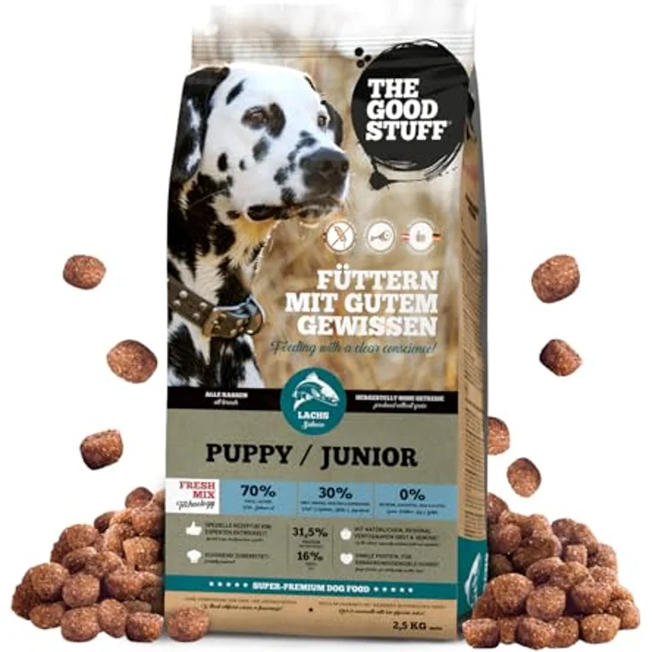 THE GOODSTUFF Lachs (Puppy/Junior) 2,5 kg | Getreidefreies Trockenfutter für Welpen & Junghunde | Mit 70 % frischem Lachs als einzige Proteinquelle | Hochwertiges Super-Premium Hundefutter – Bild 1
