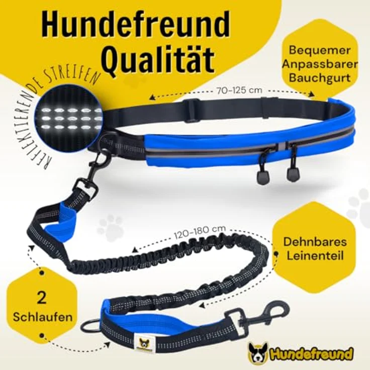Hundefreund Joggingleine mit Bauchgurt Blau, elastisch, ruckdämpfend, reflektierend, für Hunde bis 70 kg, freie Hände zum Joggen, Laufen, Radfahren, Wandern – Bild 4