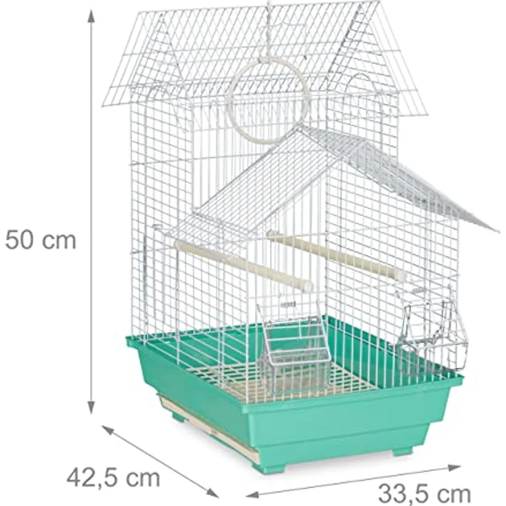 Relaxdays Vogelkäfig für kleine Kanarienvögel, mit Sitzstangen & Futternäpfen, 50 x 42,5 x 33,5 cm, hellblau/mintgrün – Bild 4