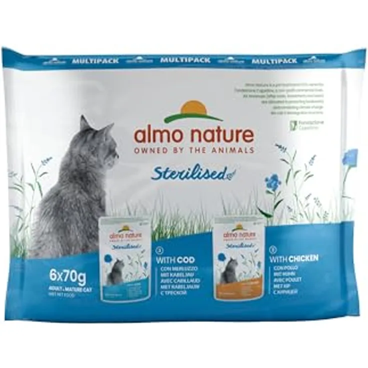 Almo Nature Functional Sterilised, Feuchtnahrung für sterilisierte und ältere Katzen mit Kabeljau und Huhn, fettarm und feuchtigkeitsspendend, 70g (6er Pack)