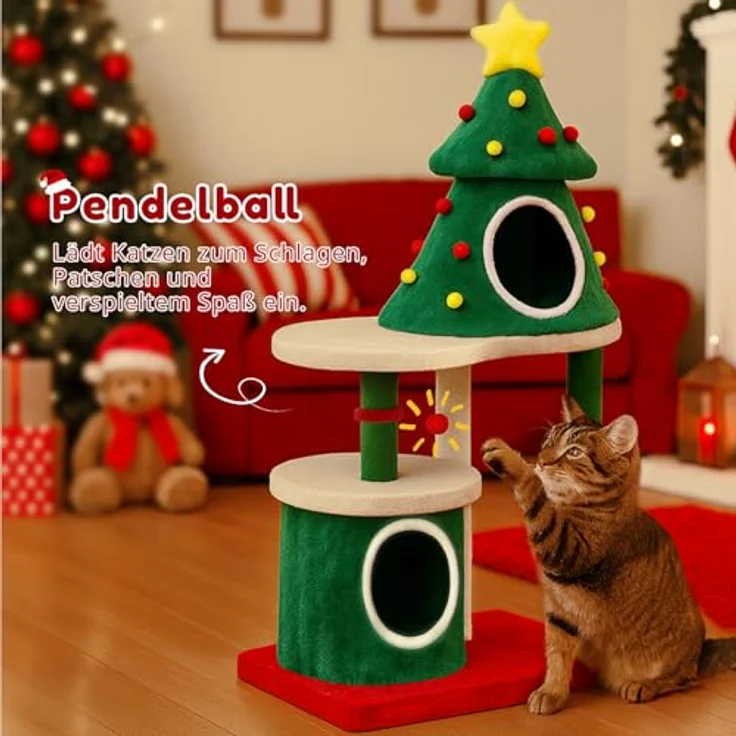 COMHOMA Kratzbaum Weihnachtsbaum-Design 123cm, stabiler Katzenturm mit Sisal-Kratzsäulen, mehrstöckiges Katzenhaus mit Plattformen und Spielball – Bild 4