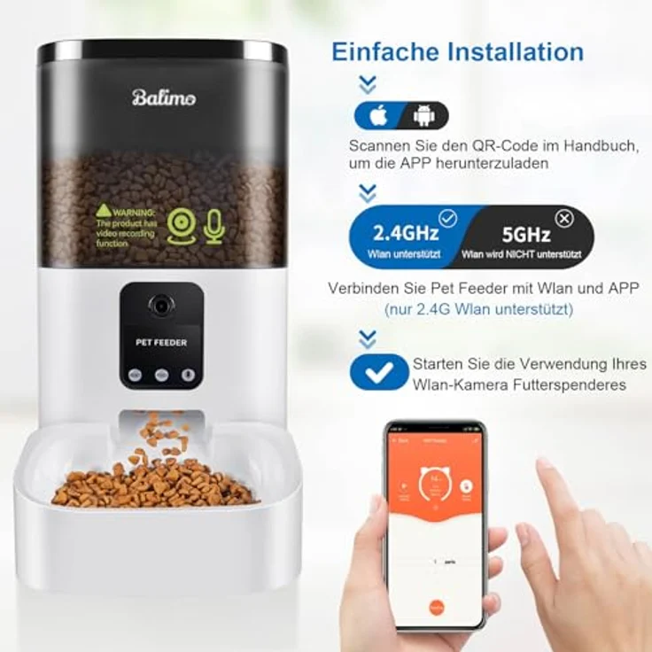 Balimo Futterautomat Katze, Automatischer Futterspender mit HD 1080P Video, 2,4 G WLAN, APP Steuerung, Nachtsicht, 4L, Edelstahlnapf, für bis zu 8 Mahlzeiten pro Tag – Bild 2